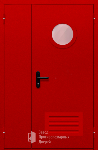 Фото двери «Полуторная с круглым стеклом и решеткой (красная)» в Коломне